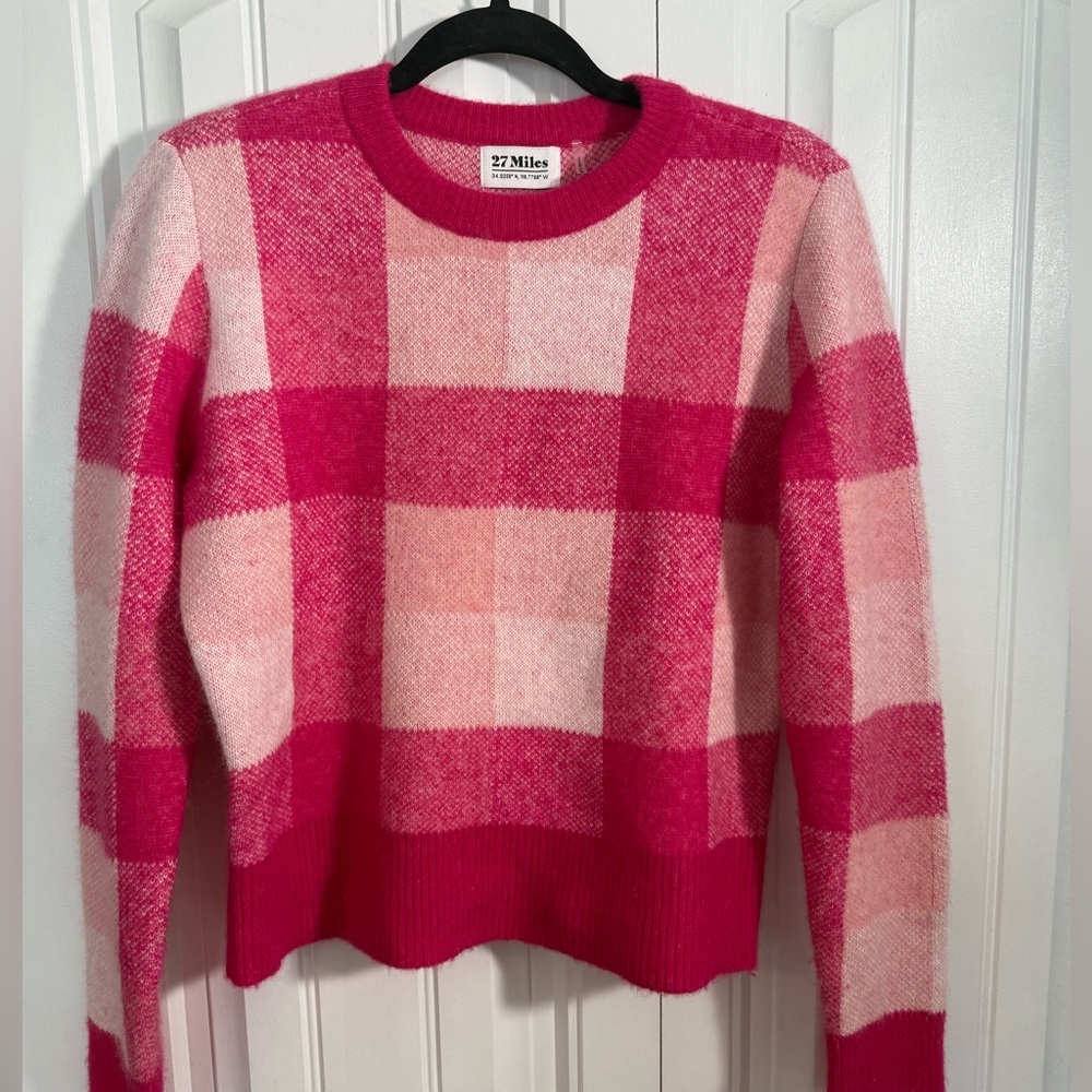 Wool and Cashmere buttery soft 27 Miles Malibu Checkered Pink Crew Neck Sweater